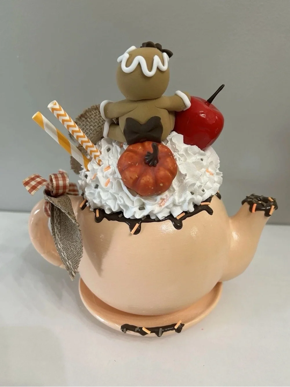 Fake Gingerbread Peach Ceramic Autumn Teapot Decor with Pumpkin & Apple Accents